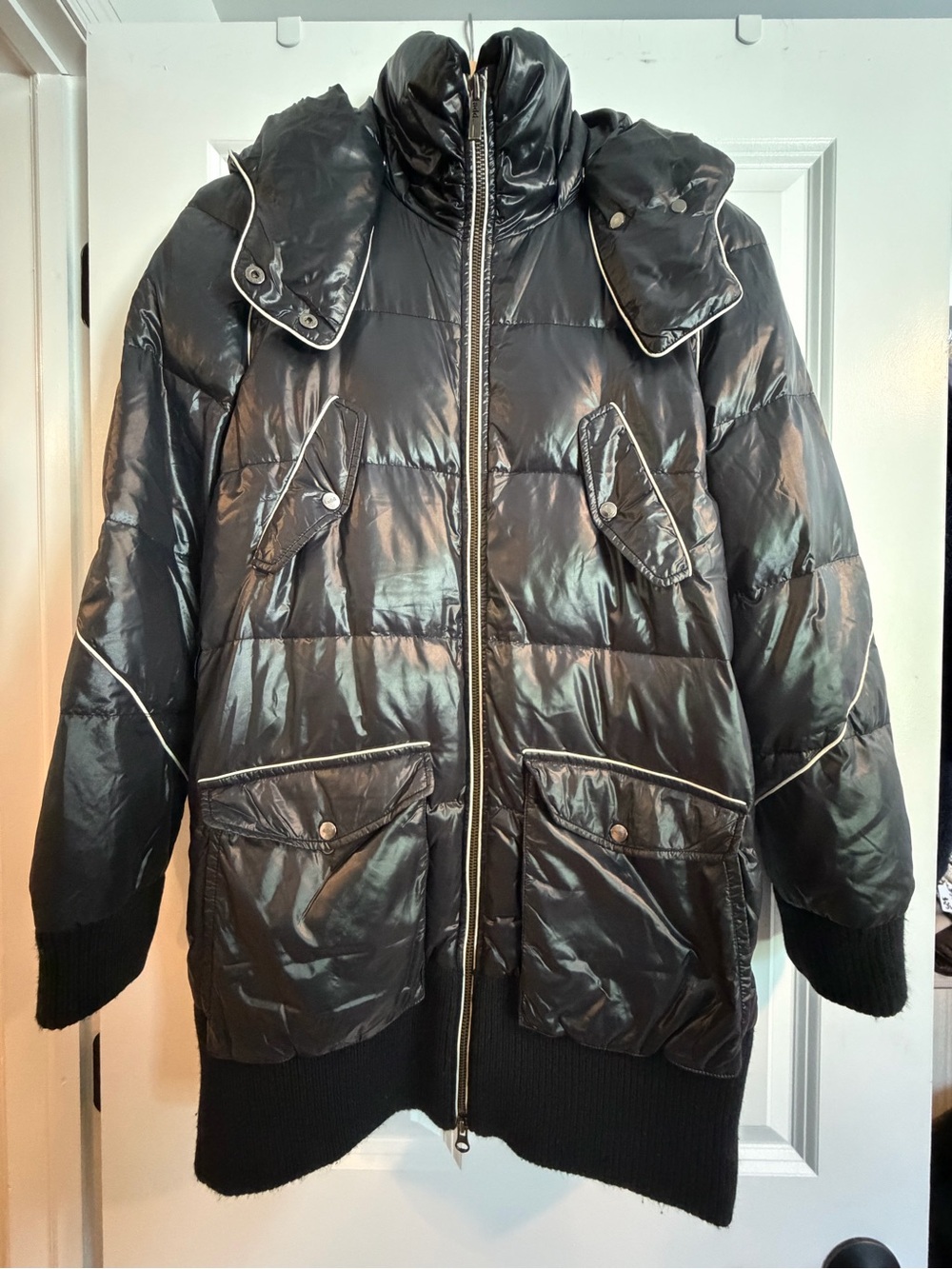 Add Down Black Quilted Puffer Jacket with Hood and Contrast Piping Size 4